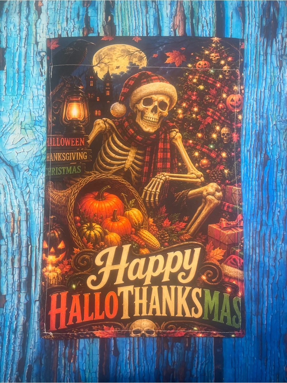 Happy HalloThanksMas Holiday Garden Flag - Festive Black and Orange